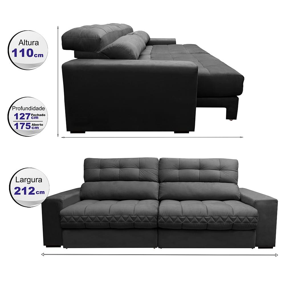 Sofá Retrátil e Reclinável 2,12m Molas Ensacadas Cama inBox Brasil Velusoft Cinza