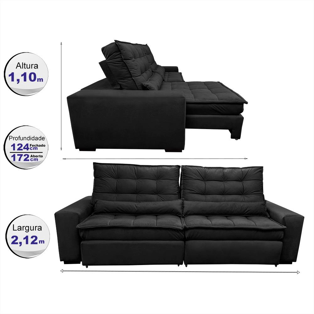 Sofá Retrátil e Reclinável 2,12m Molas Ensacadas Cama inBox Catar Velusoft Preto