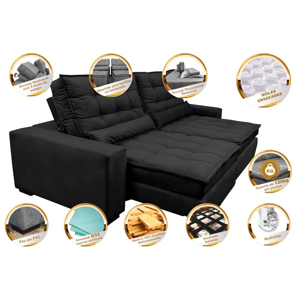 Sofá Retrátil e Reclinável 2,12m Molas Ensacadas Cama inBox Catar Velusoft Preto
