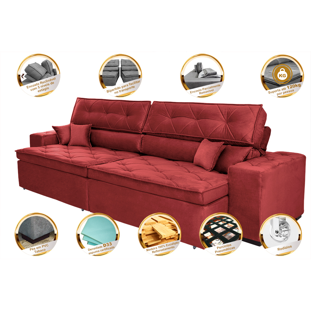 Sofá Retrátil e Reclinável 2,12m com Molas Cama inBox Estilo Suede Velusoft Vermelho