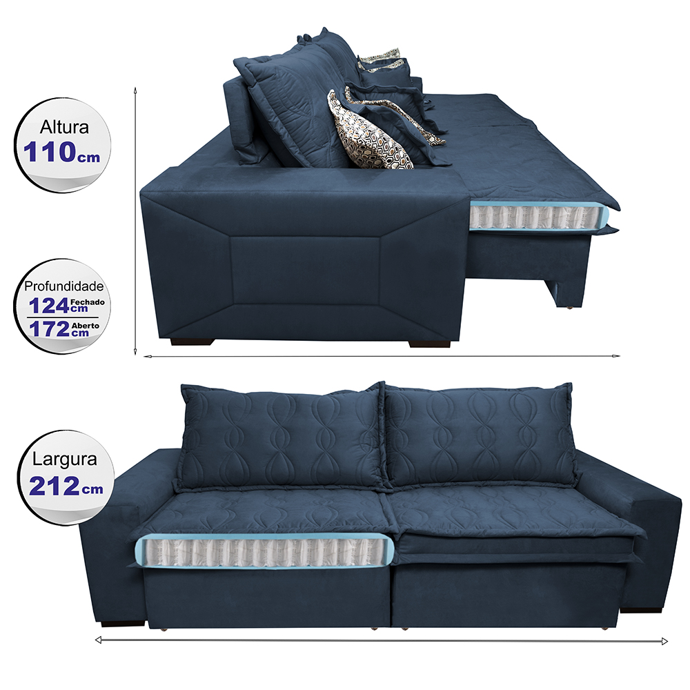 Sofá Retrátil e Reclinável 2,12m com Molas Ensacadas Cama Inbox Supreme Tecido Suede Velusoft Azul