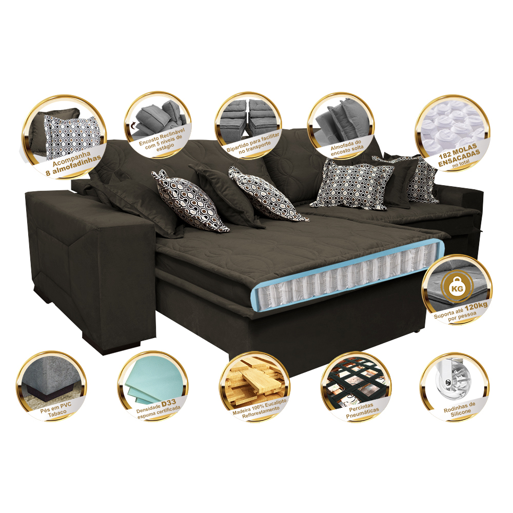 Sofá Retrátil e Reclinável 2,12m com Molas Ensacadas Cama Inbox Supreme Tecido Suede Velusoft Café