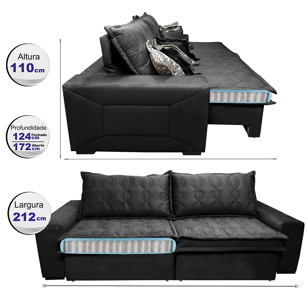 Sofá Retrátil e Reclinável 2,12m com Molas Ensacadas Cama Inbox Supreme Tecido Suede Velusoft Preto