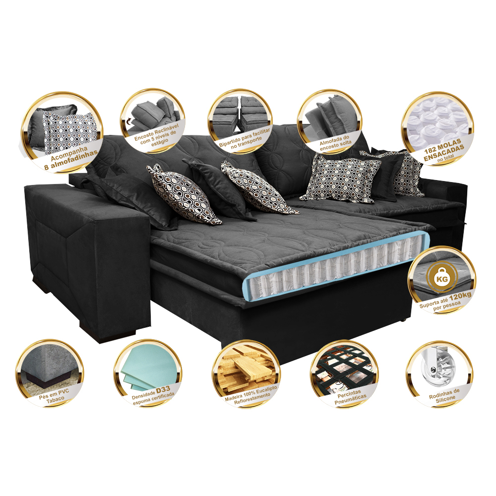 Sofá Retrátil e Reclinável 2,12m com Molas Ensacadas Cama Inbox Supreme Tecido Suede Velusoft Preto