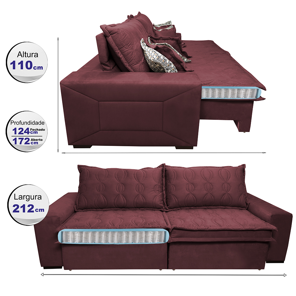 Sofá Retrátil e Reclinável 2,12m com Molas Ensacadas Cama Inbox Supreme Tecido Suede Velusoft Vinho