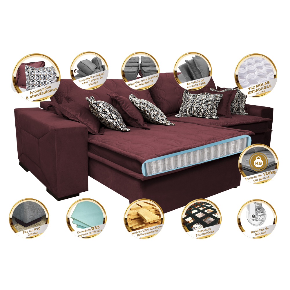 Sofá Retrátil e Reclinável 2,12m com Molas Ensacadas Cama Inbox Supreme Tecido Suede Velusoft Vinho