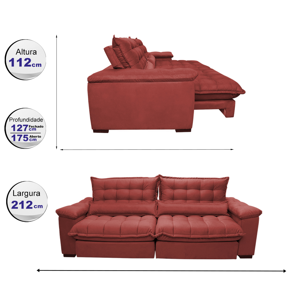Sofá Retrátil e Reclinável 2,12m com Molas Ensacadas Cama inBox Aconchego Tecido Suede Vermelho