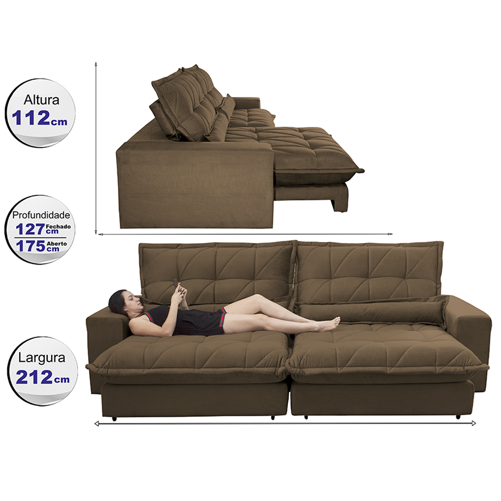 Sofá Retrátil e Reclinável 2,12m com Molas Ensacadas Cama inBox Soft Tecido Suede Café
