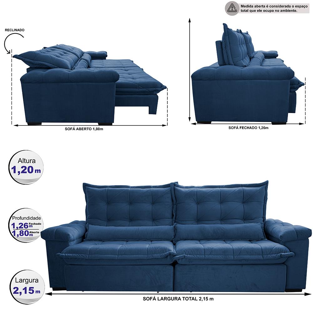 Sofá Retrátil e Reclinável 2,15m Cama inBox Big Fresh com SoftGel D40 Velupluma Azul