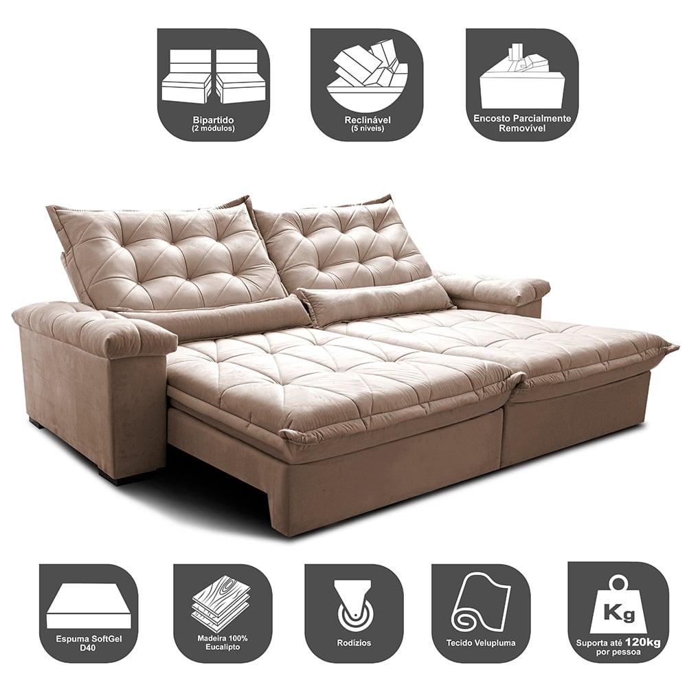 Sofá Retrátil e Reclinável 2,15m Cama inBox Big Fresh com SoftGel D40 Velupluma Bege