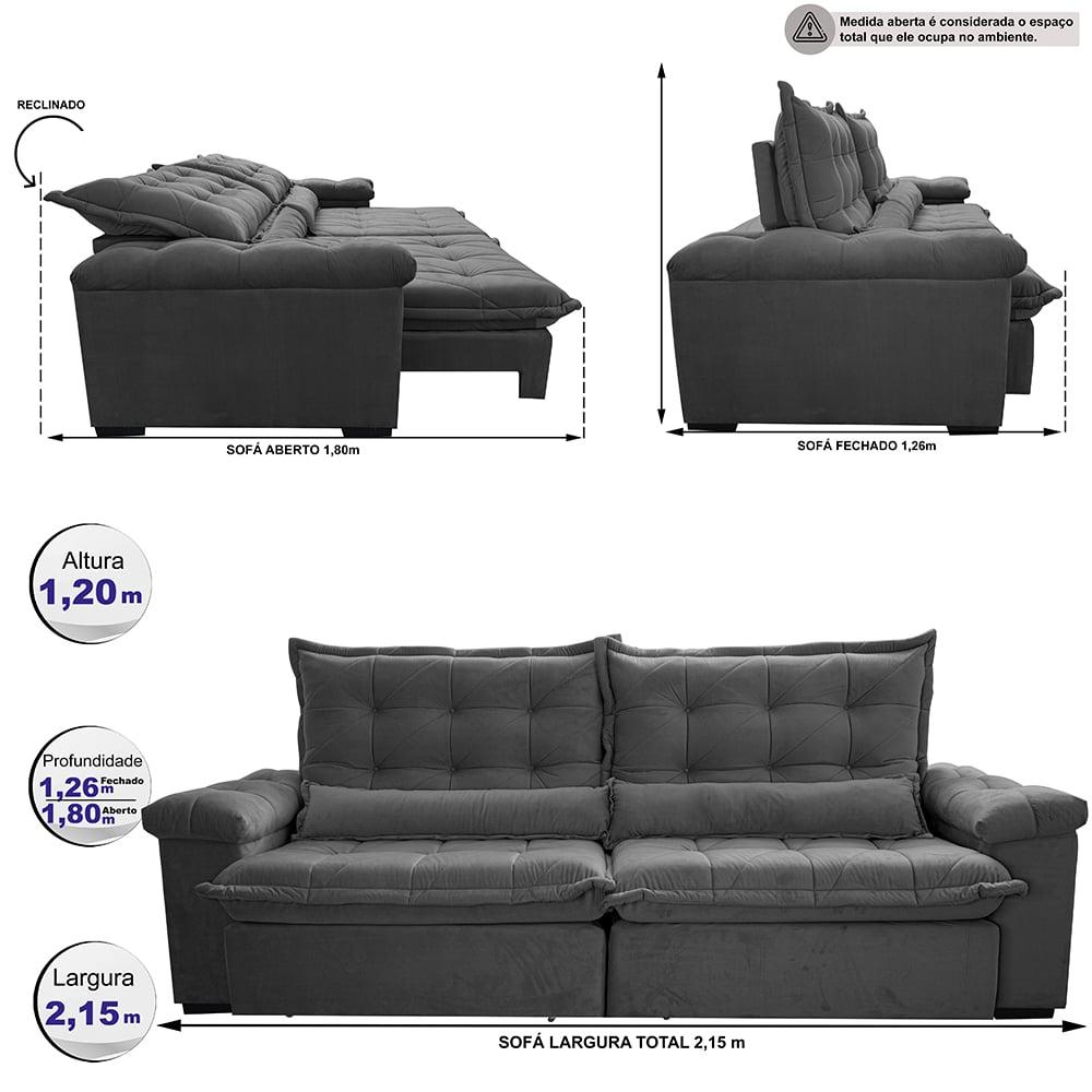 Sofá Retrátil e Reclinável 2,15m Cama inBox Big Fresh com SoftGel D40 Velupluma Cinza