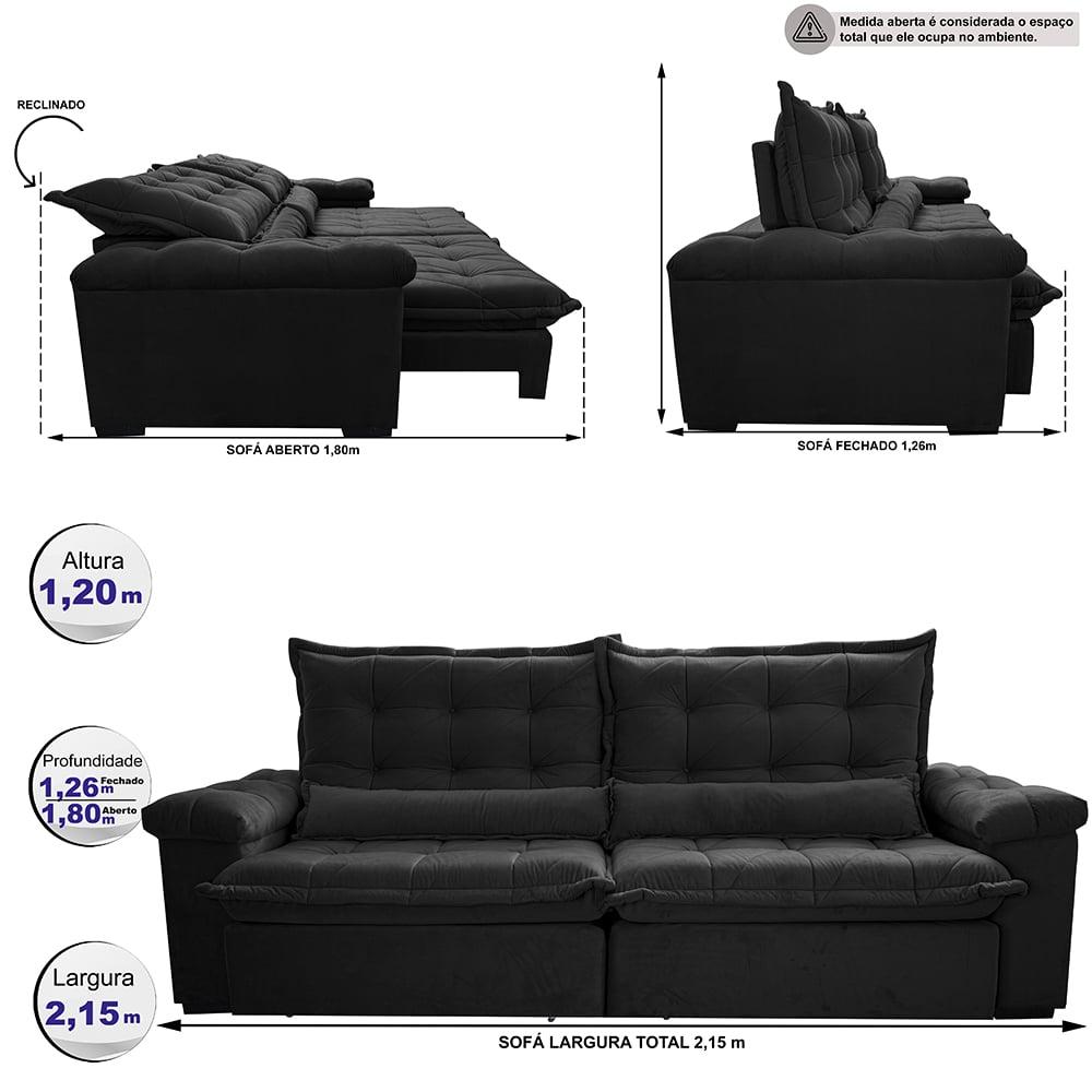 Sofá Retrátil e Reclinável 2,15m Cama inBox Big Fresh com SoftGel D40 Velupluma Preto