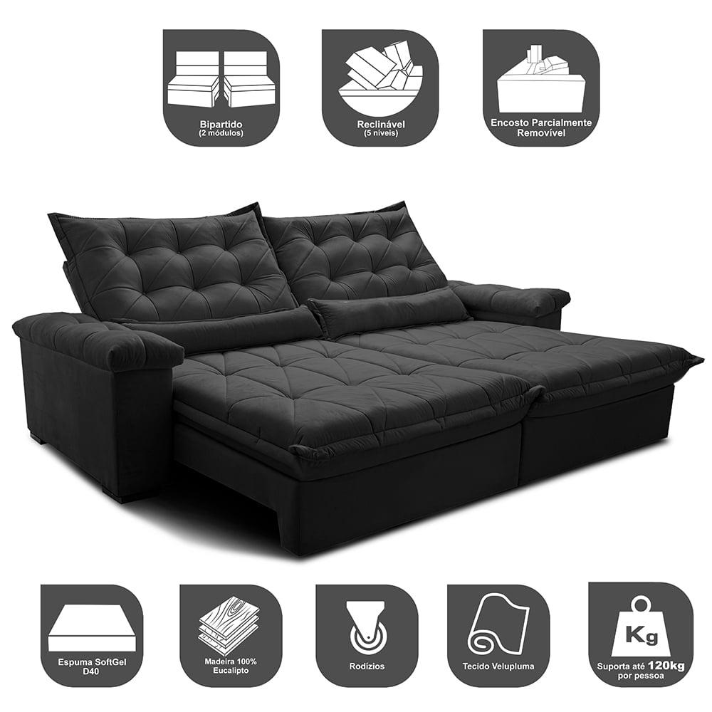 Sofá Retrátil e Reclinável 2,15m Cama inBox Big Fresh com SoftGel D40 Velupluma Preto