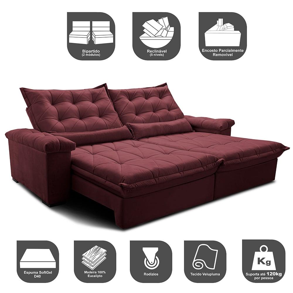 Sofá Retrátil e Reclinável 2,15m Cama inBox Big Fresh com SoftGel D40 Velupluma Vinho