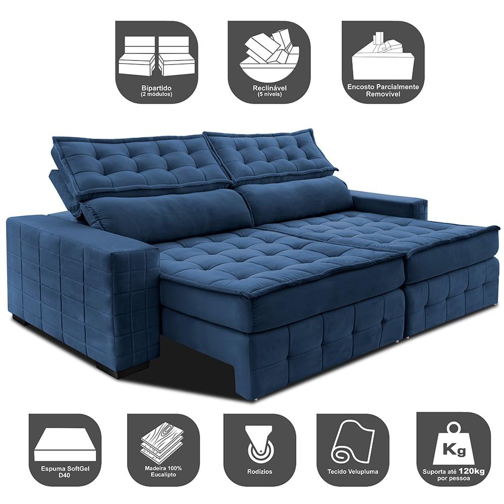 Sofá Retrátil e Reclinável 2,15m Cama inBox Big Puffer com SoftGel D40 Velupluma Azul