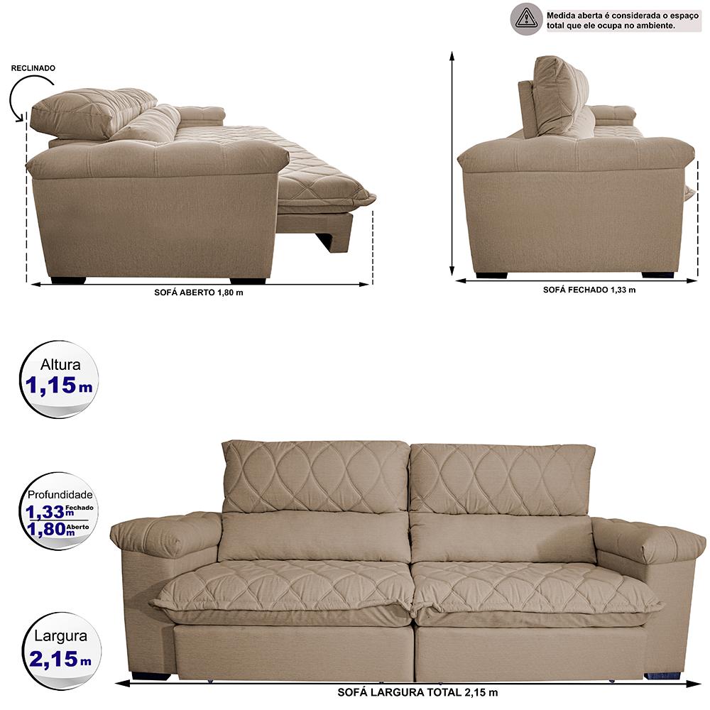 Sofá Retrátil e Reclinável 2,15m Molas Ensacadas Cama inBox Big Home com Bordado 3D Linho Bege Escuro