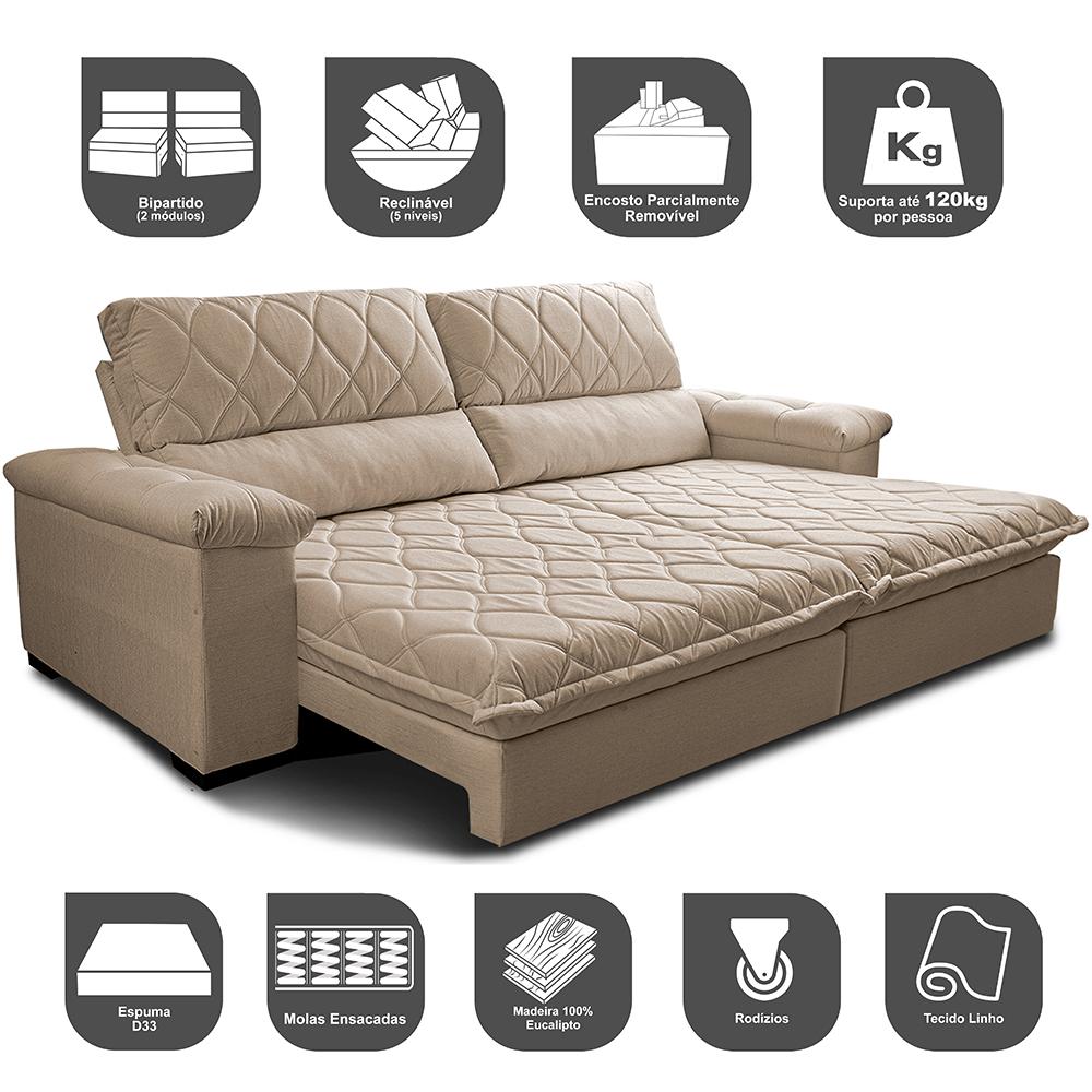 Sofá Retrátil e Reclinável 2,15m Molas Ensacadas Cama inBox Big Home com Bordado 3D Linho Bege Escuro