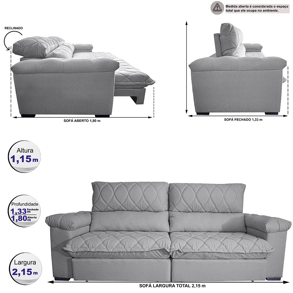 Sofá Retrátil e Reclinável 2,15m Molas Ensacadas Cama inBox Big Home com Bordado 3D Linho Cinza Claro