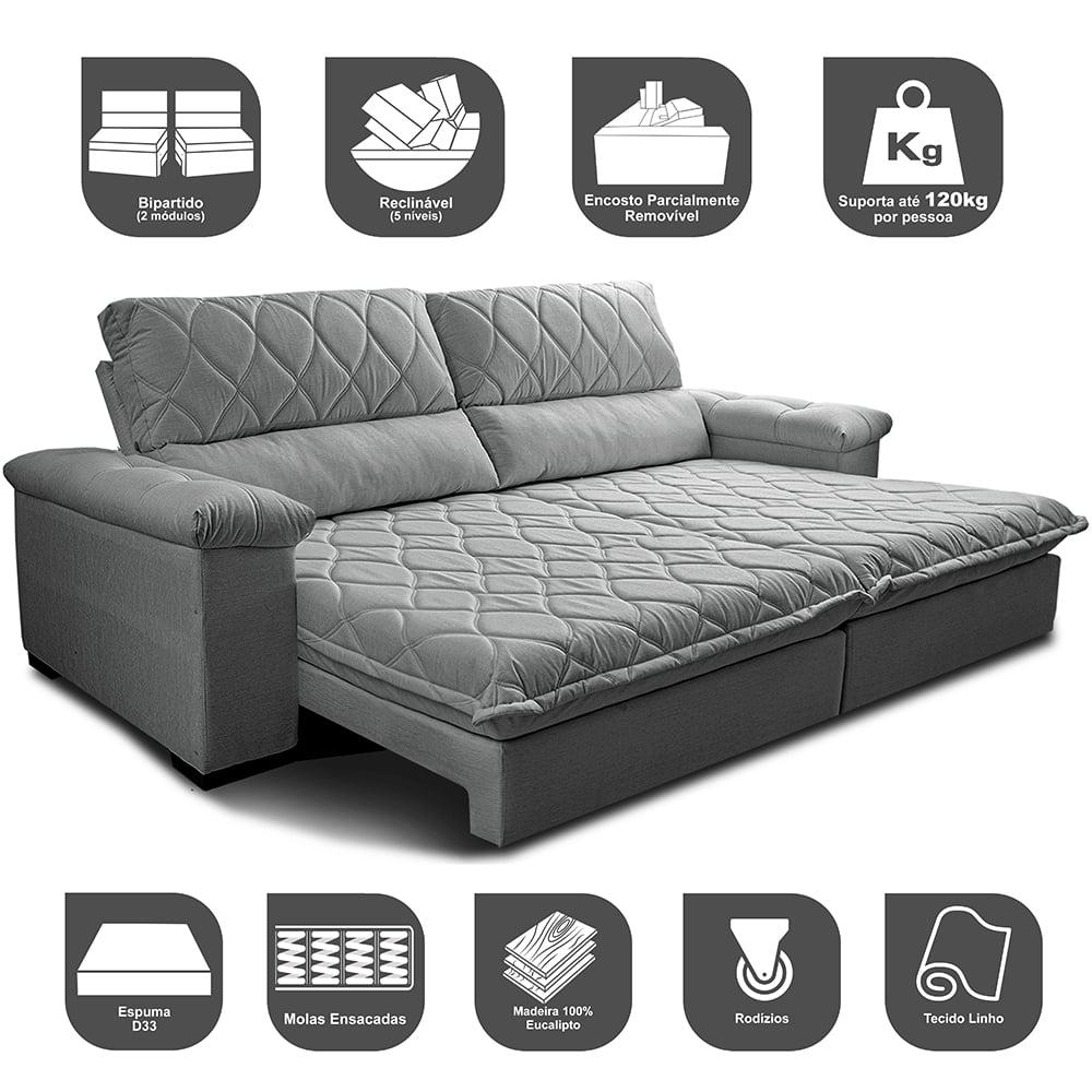 Sofá Retrátil e Reclinável 2,15m Molas Ensacadas Cama inBox Big Home com Bordado 3D Linho Cinza Claro