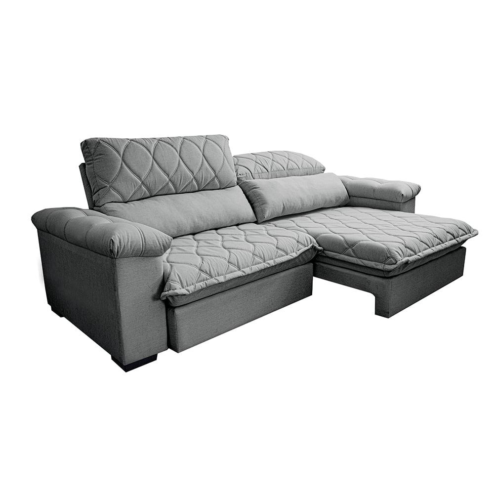 Sofá Retrátil e Reclinável 2,15m Molas Ensacadas Cama inBox Big Home com Bordado 3D Linho Cinza Claro