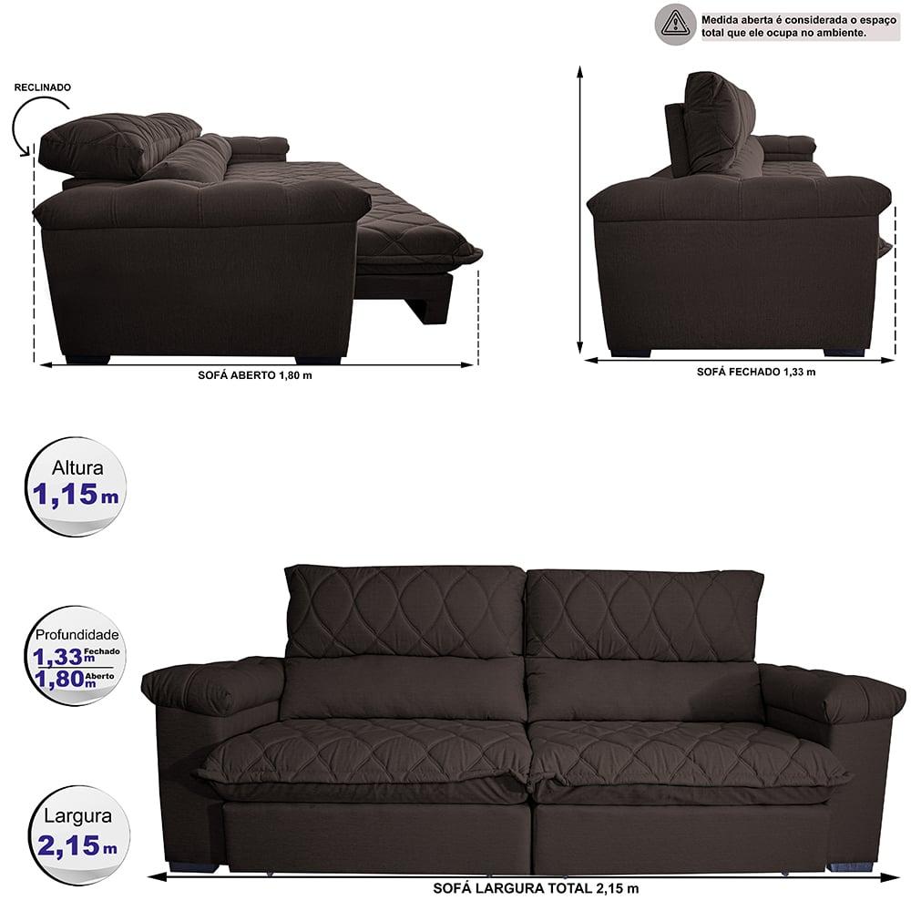 Sofá Retrátil e Reclinável 2,15m Molas Ensacadas Cama inBox Big Home com Bordado 3D Linho Marrom