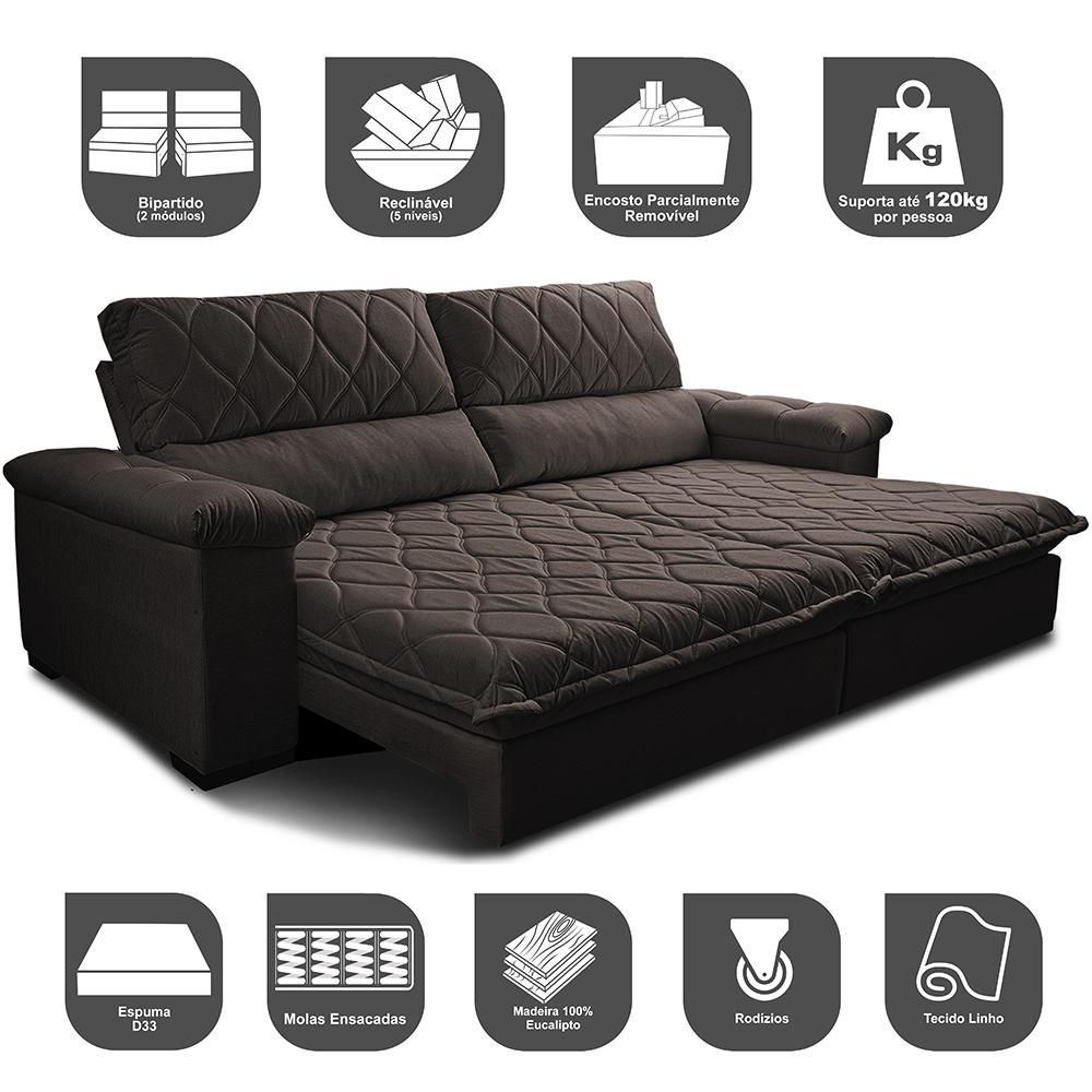 Sofá Retrátil e Reclinável 2,15m Molas Ensacadas Cama inBox Big Home com Bordado 3D Linho Marrom
