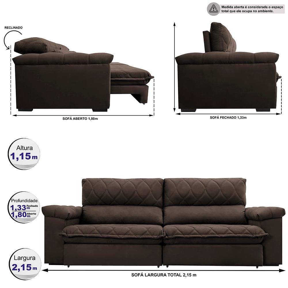 Sofá Retrátil e Reclinável 2,15m Molas Ensacadas Cama inBox Big Home com Bordado 3D Velusoft Café