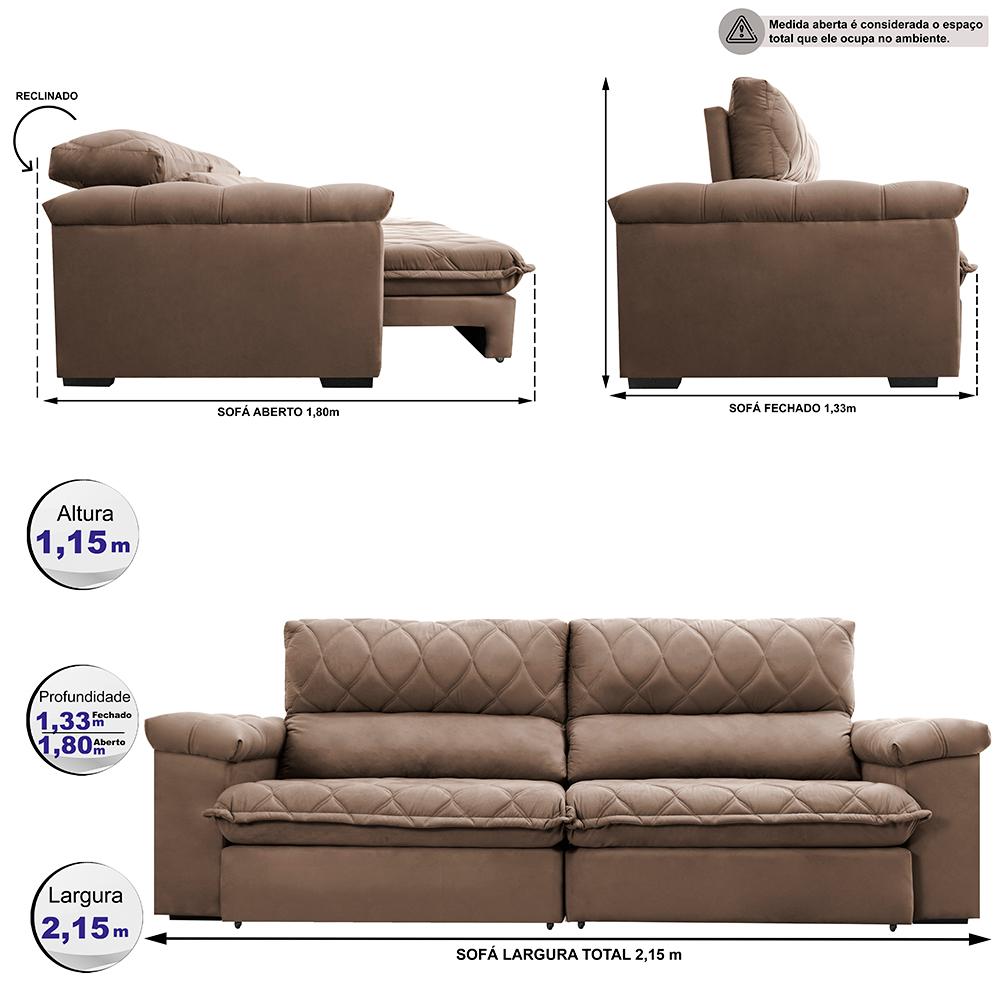 Sofá Retrátil e Reclinável 2,15m Molas Ensacadas Cama inBox Big Home com Bordado 3D Velusoft Castor