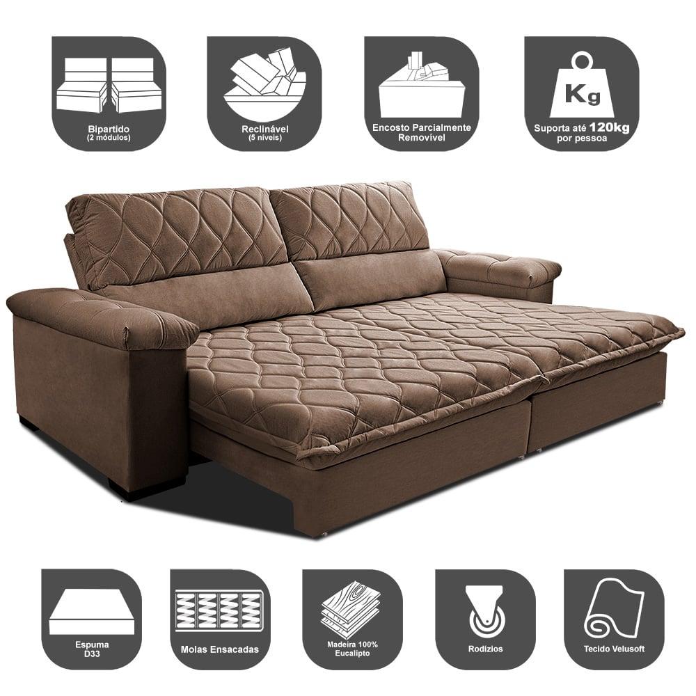 Sofá Retrátil e Reclinável 2,15m Molas Ensacadas Cama inBox Big Home com Bordado 3D Velusoft Castor