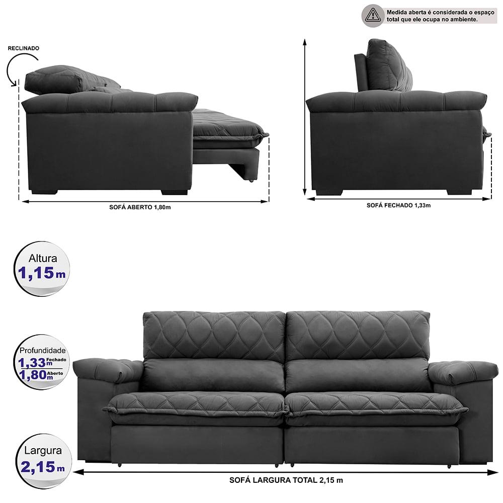 Sofá Retrátil e Reclinável 2,15m Molas Ensacadas Cama inBox Big Home com Bordado 3D Velusoft Cinza