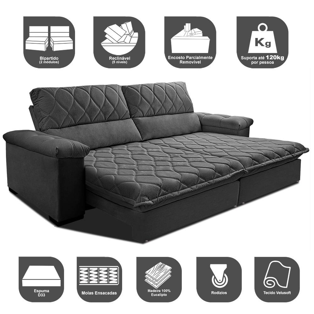 Sofá Retrátil e Reclinável 2,15m Molas Ensacadas Cama inBox Big Home com Bordado 3D Velusoft Cinza