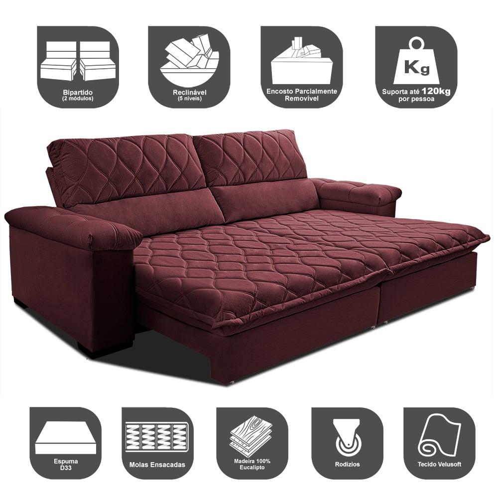 Sofá Retrátil e Reclinável 2,15m Molas Ensacadas Cama inBox Big Home com Bordado 3D Velusoft Vinho