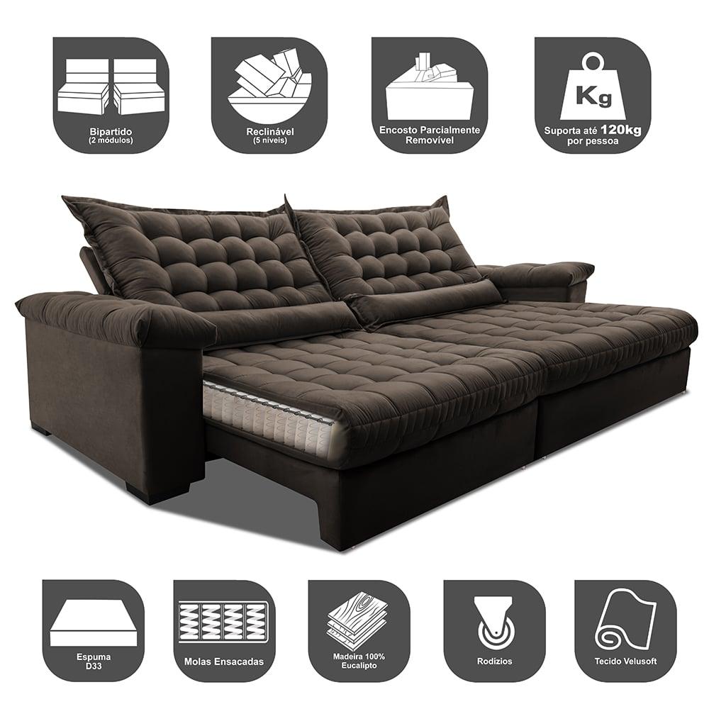 Sofá Retrátil e Reclinável 2,15m Molas Ensacadas Cama inBox Big Space com Bordado 3D Velusoft Café