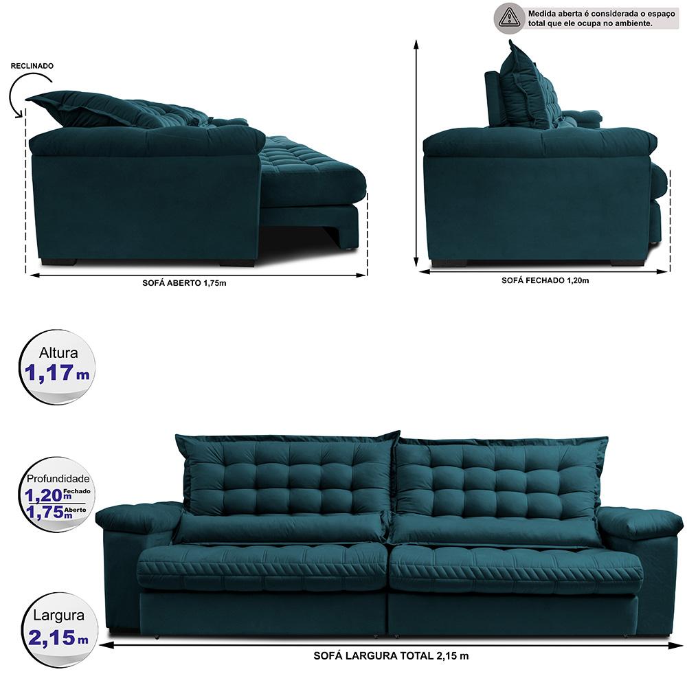 Sofá Retrátil e Reclinável 2,15m Molas Ensacadas Cama inBox Big Space com Bordado 3D Velusoft Petróleo