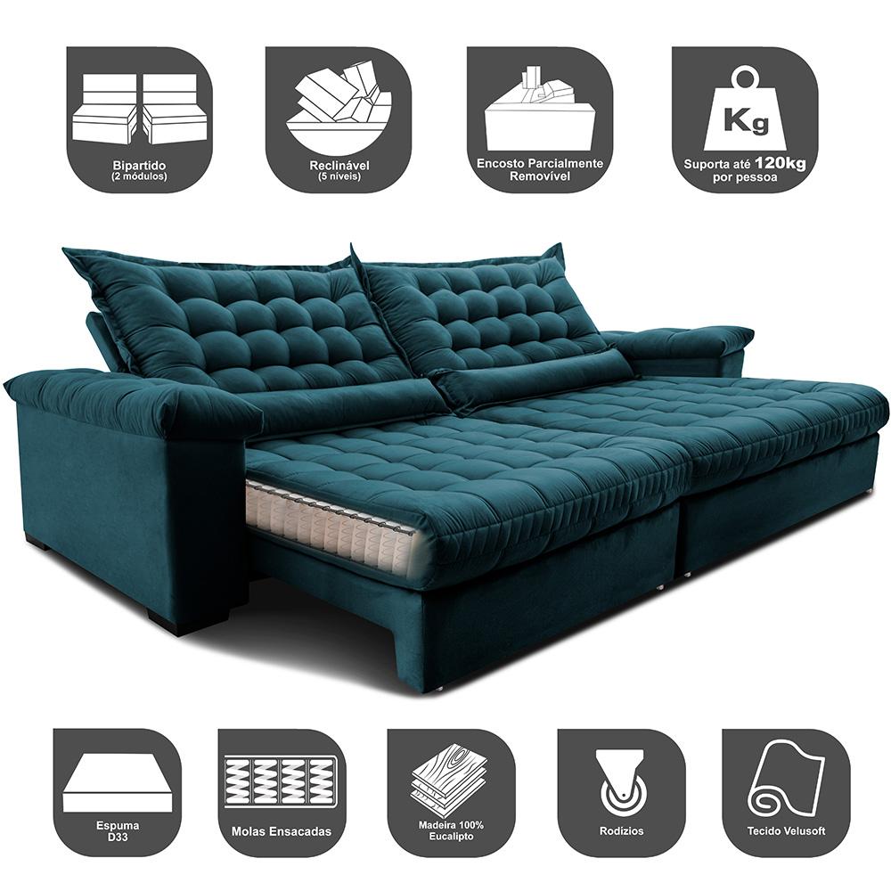 Sofá Retrátil e Reclinável 2,15m Molas Ensacadas Cama inBox Big Space com Bordado 3D Velusoft Petróleo