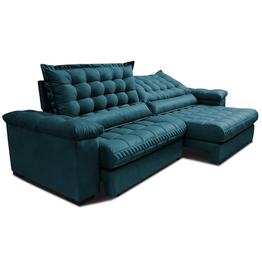 Sofá Retrátil e Reclinável 2,15m Molas Ensacadas Cama inBox Big Space com Bordado 3D Velusoft Petróleo