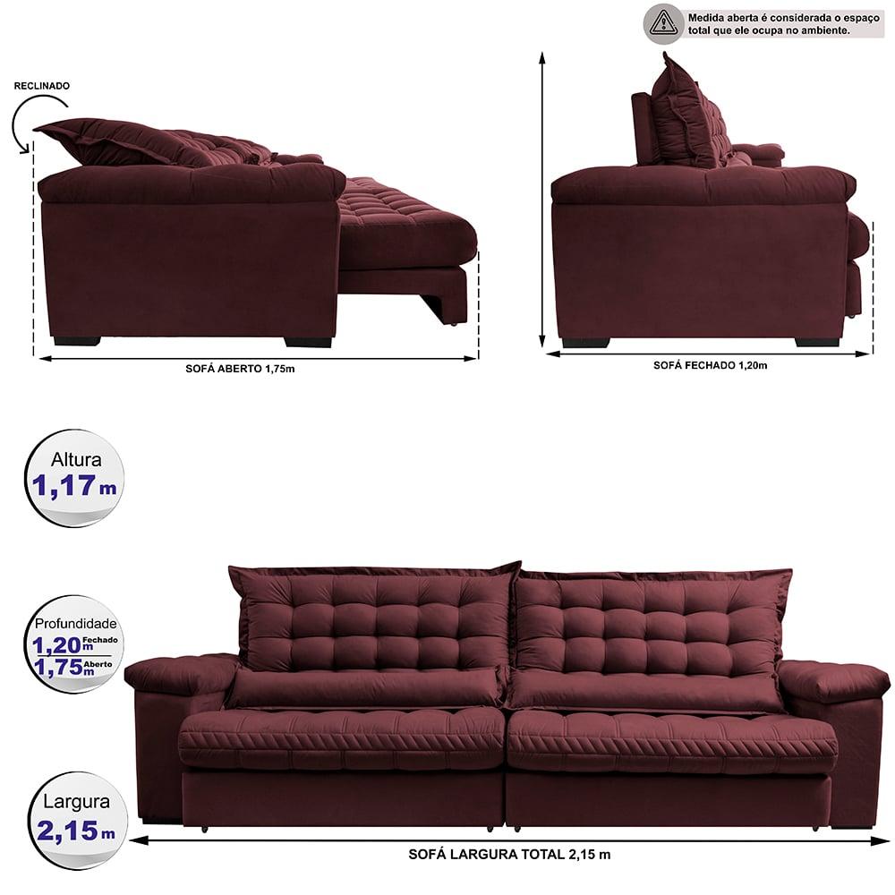 Sofá Retrátil e Reclinável 2,15m Molas Ensacadas Cama inBox Big Space com Bordado 3D Velusoft Vinho