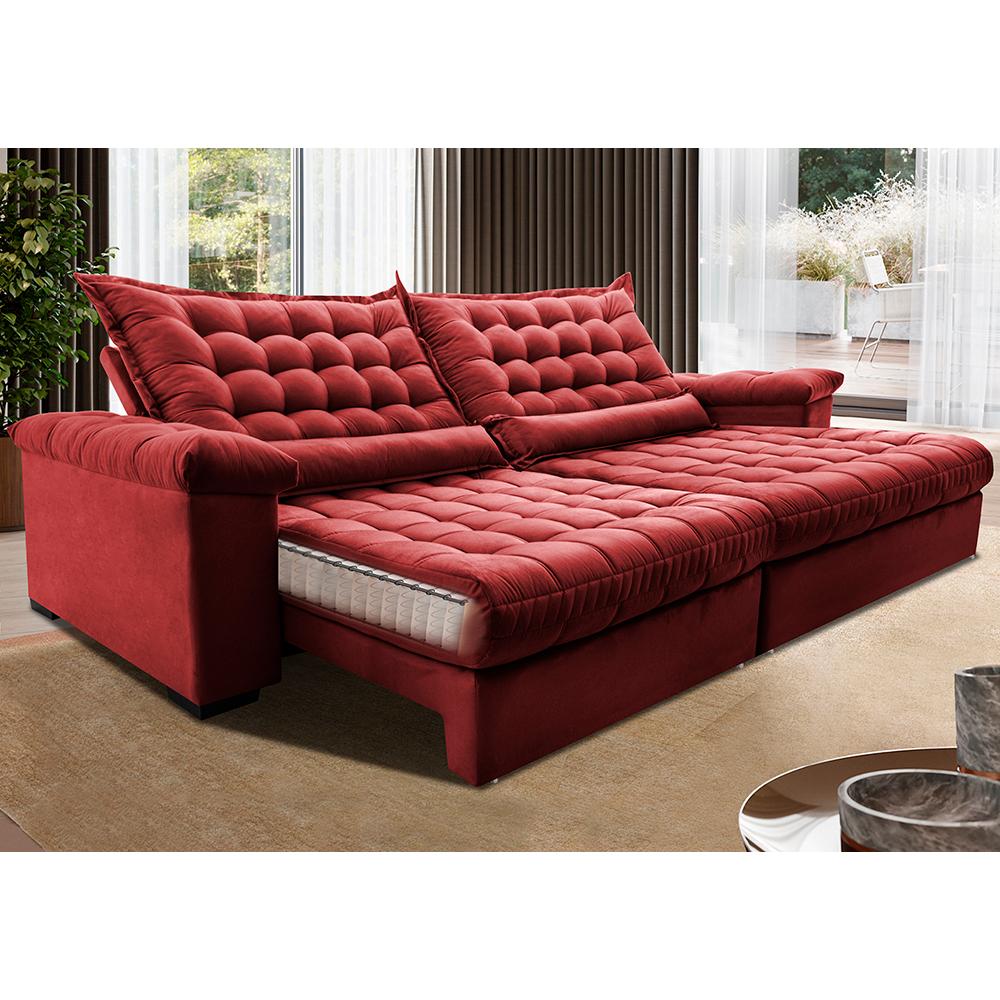 Sofá Retrátil e Reclinável 2,15m Molas Ensacadas Cama inBox Big Space com Bordado Velusoft Vermelho
