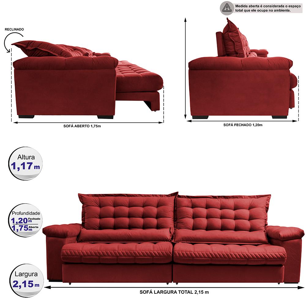 Sofá Retrátil e Reclinável 2,15m Molas Ensacadas Cama inBox Big Space com Bordado Velusoft Vermelho