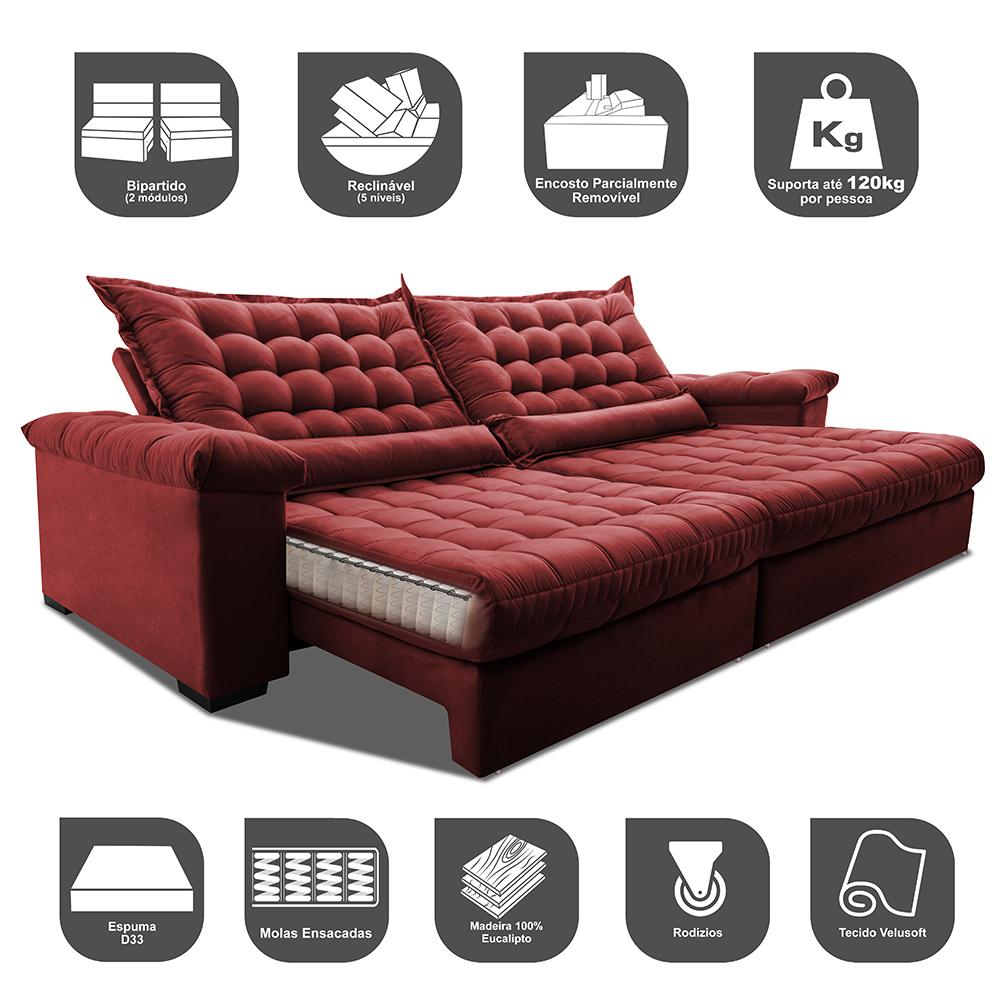 Sofá Retrátil e Reclinável 2,15m Molas Ensacadas Cama inBox Big Space com Bordado Velusoft Vermelho