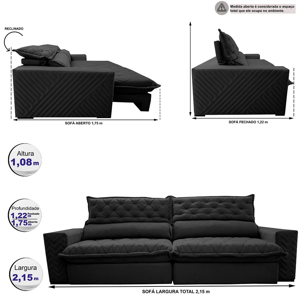 Sofá Retrátil e Reclinável 2,15m Molas Ensacadas Cama inBox Spazus com Bordado 3D Velusoft Preto