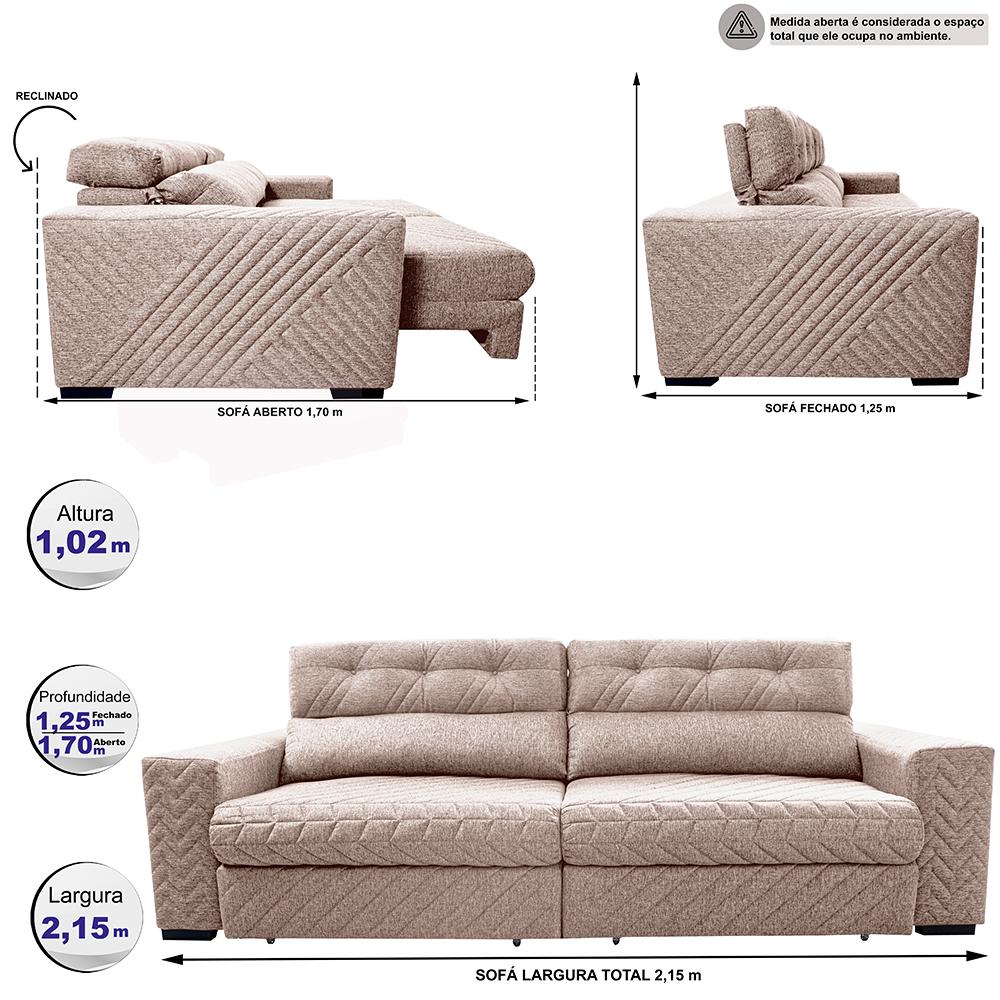 Sofá Retrátil e Reclinável 2,15m Molas Ensacadas Cama inBox Style Thermo Gel Linho Bege Claro