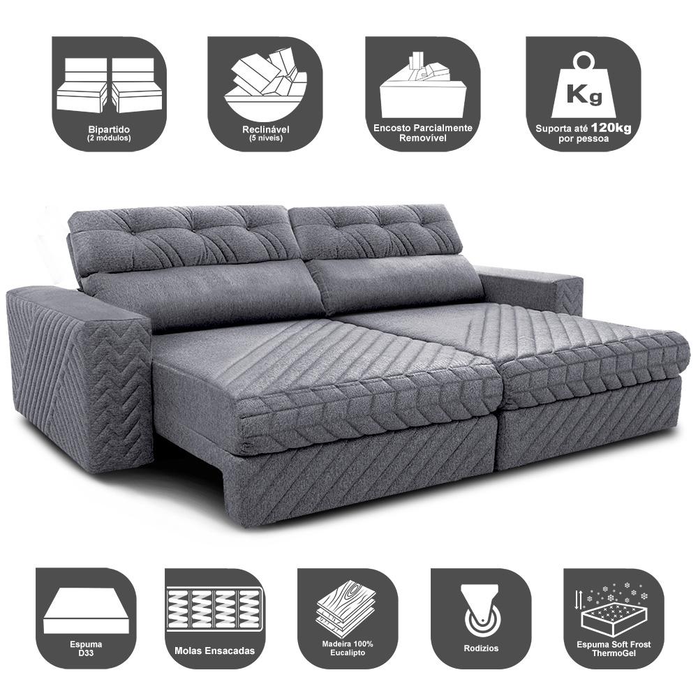 Sofá Retrátil e Reclinável 2,15m Molas Ensacadas Cama inBox Style Thermo Gel Linho Cinza Claro