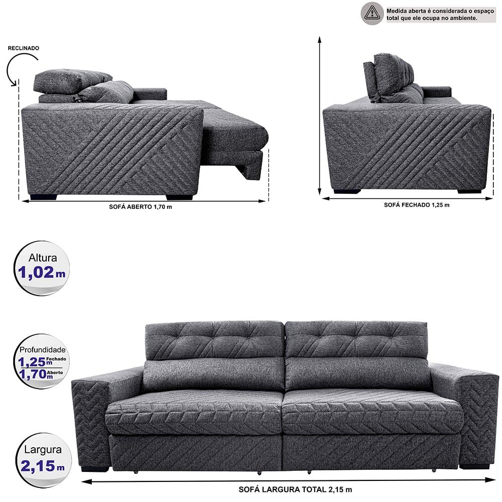 Sofá Retrátil e Reclinável 2,15m Molas Ensacadas Cama inBox Style Thermo Gel Linho Cinza Escuro