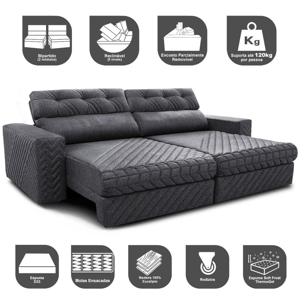 Sofá Retrátil e Reclinável 2,15m Molas Ensacadas Cama inBox Style Thermo Gel Linho Cinza Escuro