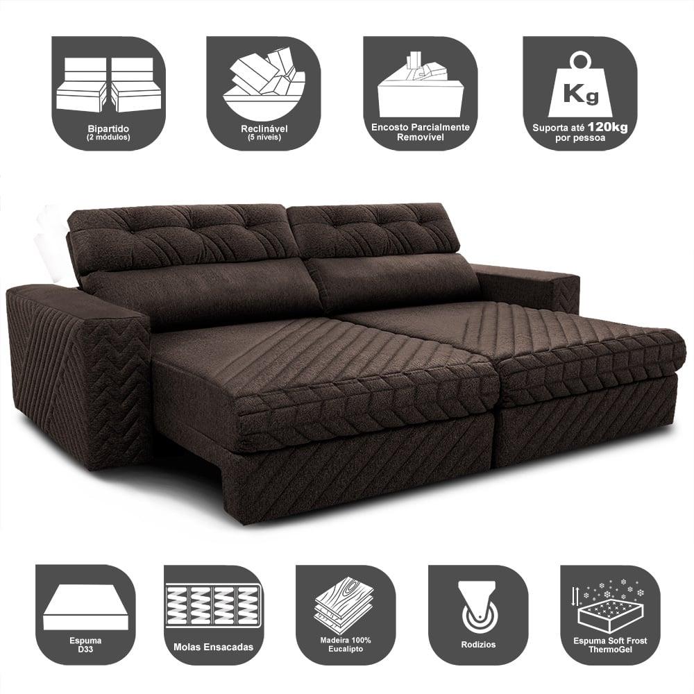 Sofá Retrátil e Reclinável 2,15m Molas Ensacadas Cama inBox Style Thermo Gel Linho Marrom
