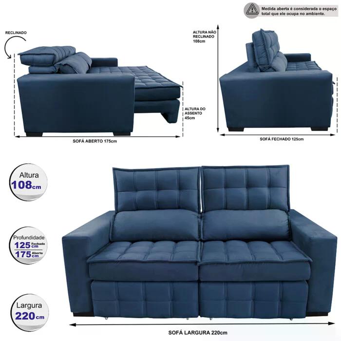 Sofá Retrátil e Reclinável 2,20m Molas Ensacadas e Costura Tripla Cama inBox Japão Velusoft Azul