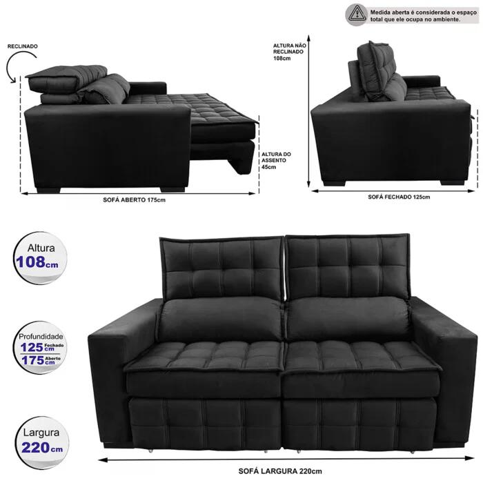 Sofá Retrátil e Reclinável 2,20m Molas Ensacadas e Costura Tripla Cama inBox Japão Velusoft Preto
