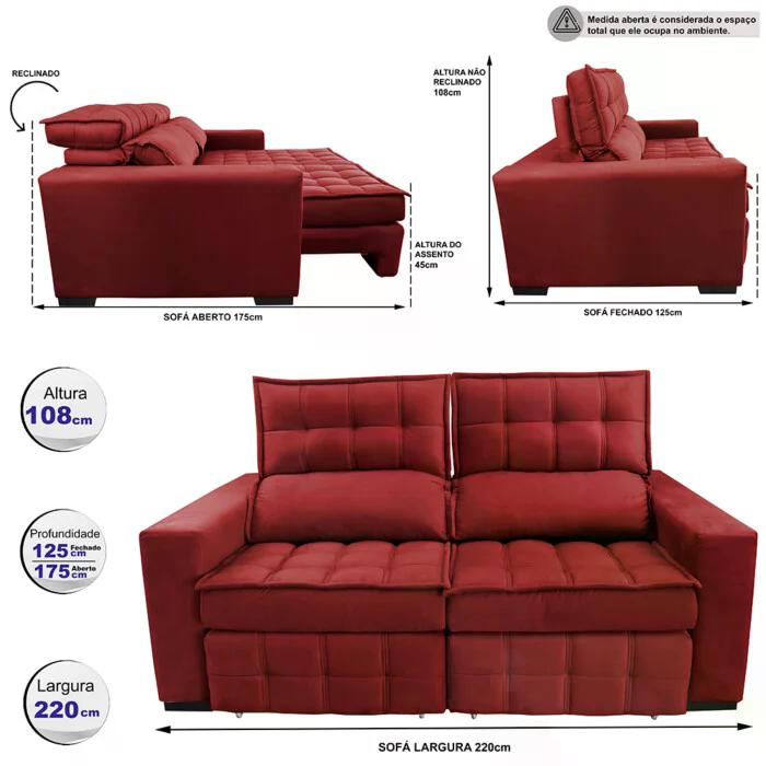 Sofá Retrátil e Reclinável 2,20m Molas Ensacadas e Costura Tripla Cama inBox Japão Velusoft Vermelho