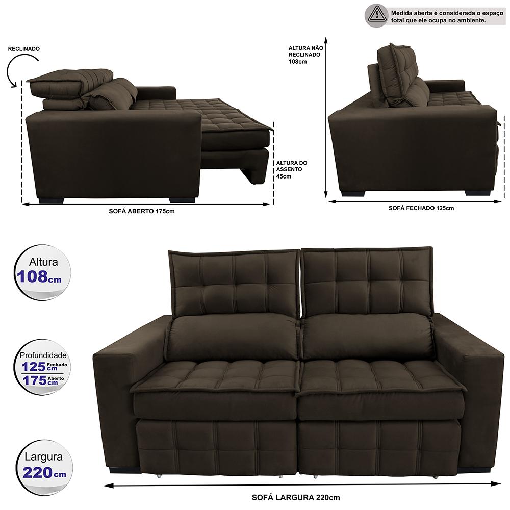 Sofá Retrátil e Reclinável 2,20m Molas Ensacadas e Costura Tripla Cama inBox Nobre Suede Café